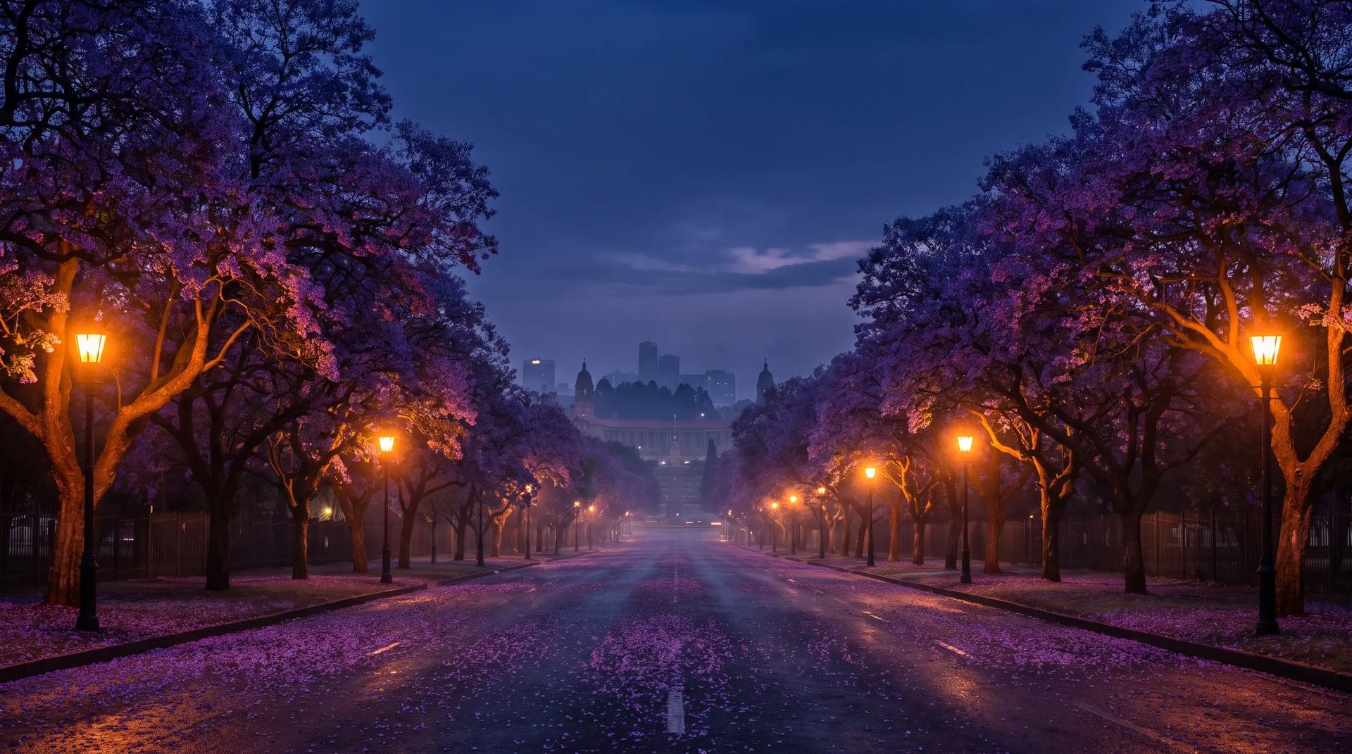 Jacaranda-lined avenue in Pretoria at dusk with the Union Buildings in the distance